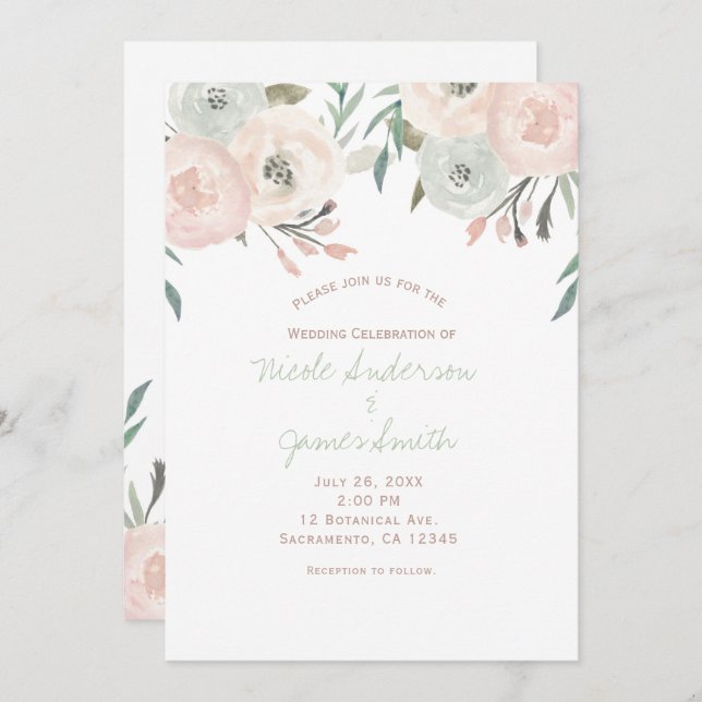 Convites Casamento Floral Moderno Verde-Rosa Sage Mint (Frente/Verso)