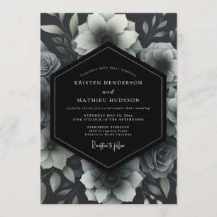 Convites Casamento Floral Monocromático Cinza