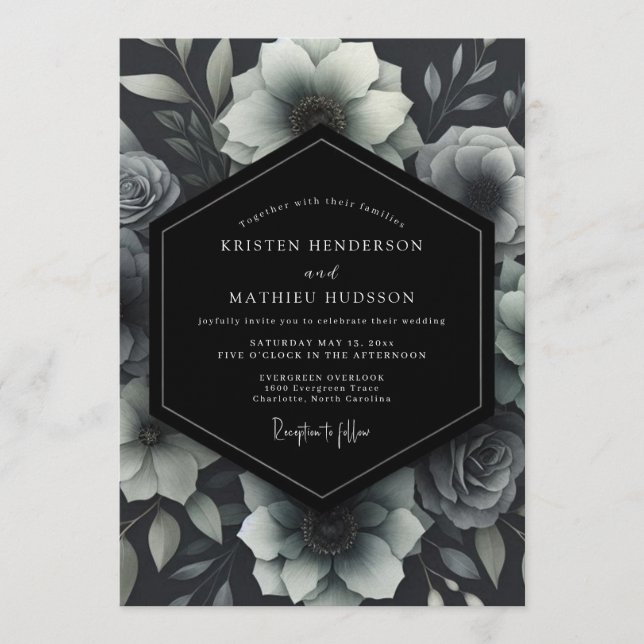 Convites Casamento Floral Monocromático Cinza (Frente)