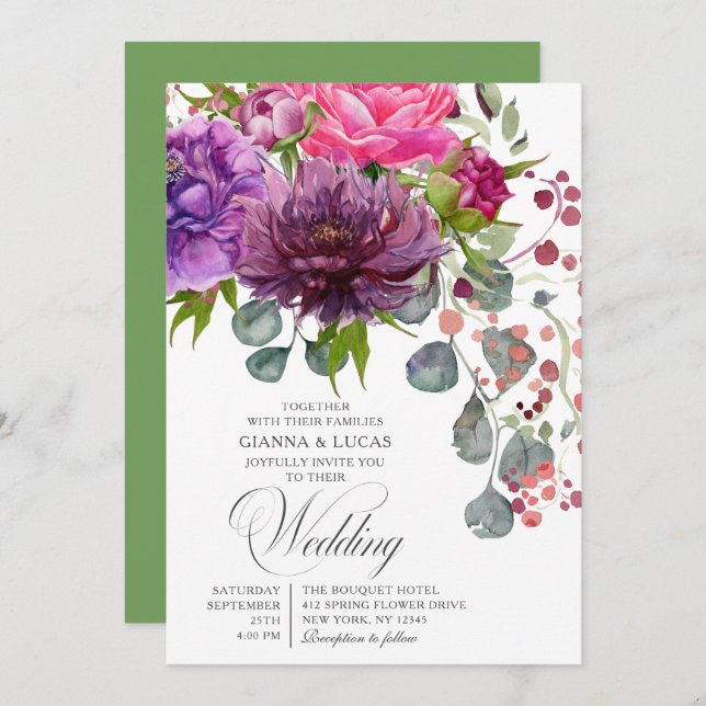 Convites Casamento Floral Monocromático Elegante (Frente/Verso)