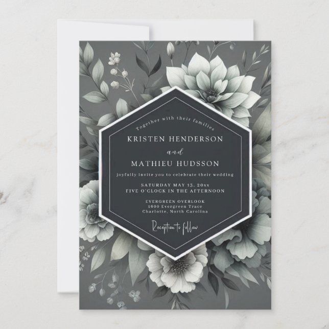 Convites Casamento Floral Monocromático em Ardósia (Frente)