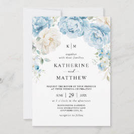Convites Casamento Floral Monograma Azul Po dusty Champagne