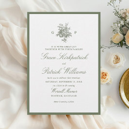 Convites Casamento Floral Monograma Clássico em Verde Sage