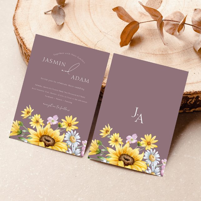 Convites Casamento Floral Monograma de Girassol Roxo Elegan (Summer Purple Sunflowers Monogram Wedding Invitation)
