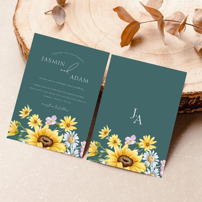 Convites Casamento Floral Monograma de Girassol Verde Esmer (Summer Emerald Green Sunflowers Monogram Wedding Invitation)