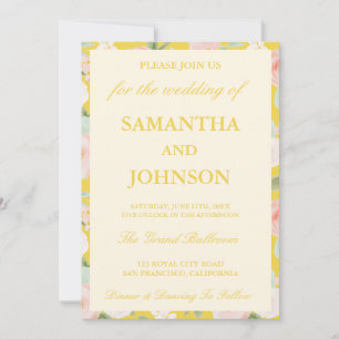 Convites Casamento Floral Monograma em Marfim e Amarelo Man