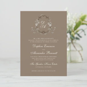 Convites Casamento Floral Monogramado Marrom Vintage