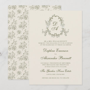 Convites Casamento Floral Monogramado Verde Vintage