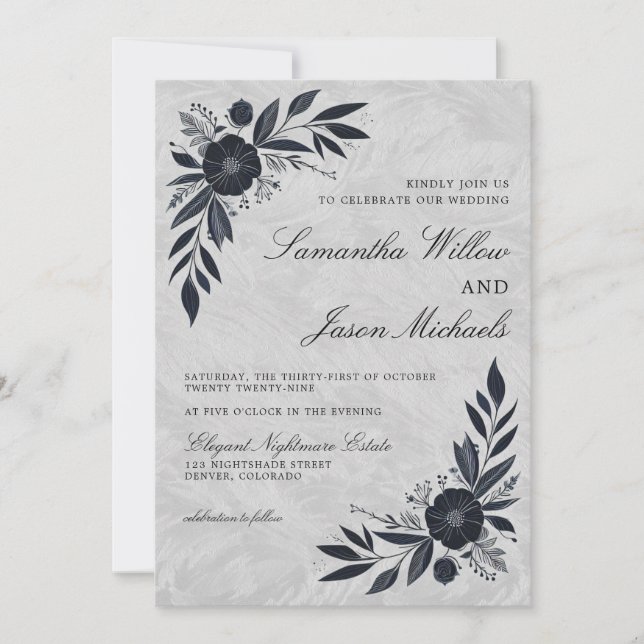 Convites Casamento Floral Moody Black (Frente)