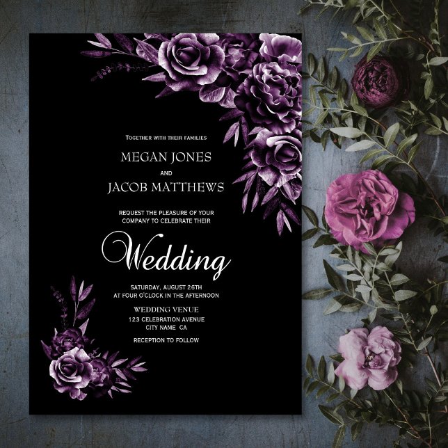 Convites Casamento Floral Moody Black and Purple (Criador carregado)