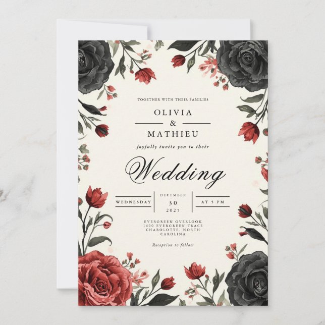 Convites Casamento Floral Moody Crimson Bloom (Frente)