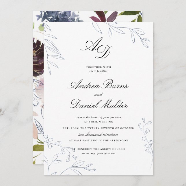 Convites Casamento Floral Moody Jewel Tone (Frente/Verso)