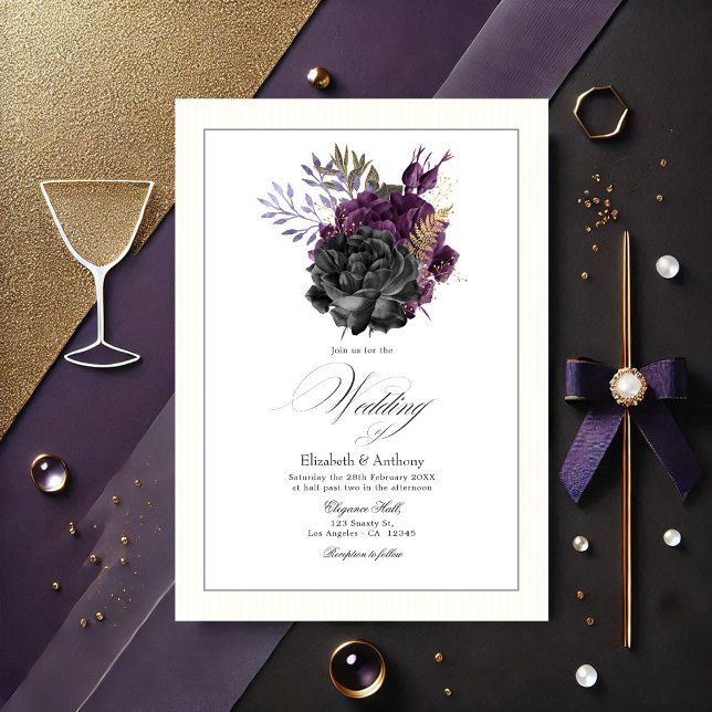 Convites Casamento Floral Moody Purple, Dourado e Negro (Moody Purple, Gold and Black Floral Wedding Invitation)