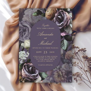 Convites Casamento Floral Moody Roxo Elegante Escuro