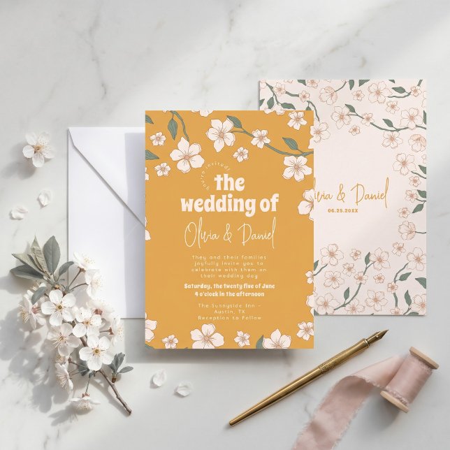 Convites Casamento Floral Mostarda Groovy (Criador carregado)