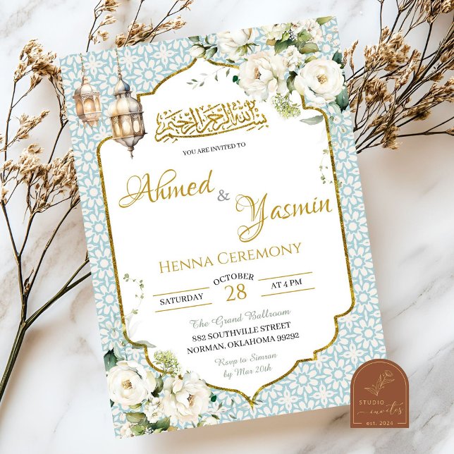 Convites Casamento Floral Muçulmano com Henna (Criador carregado)