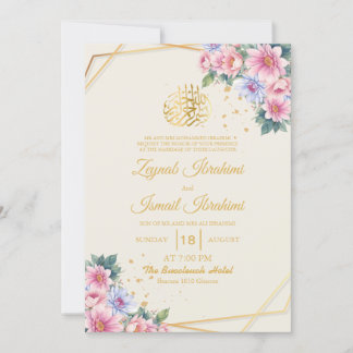 Convites Casamento Floral Muçulmano Dourado Moderno Rosa