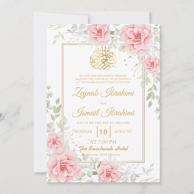 Convites Casamento Floral Muçulmano Dourado Romântico Rosa (Frente)