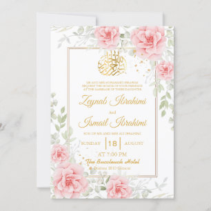 Convites Casamento Floral Muçulmano Dourado Romântico Rosa