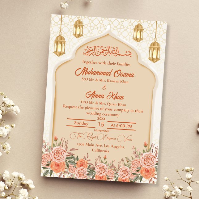 Convites Casamento Floral Muçulmano Islâmico de Ivory Peach (Criador carregado)
