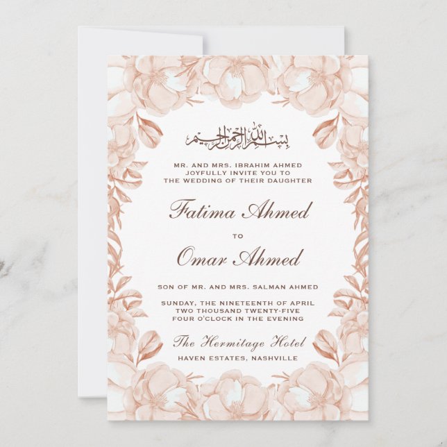 Convites Casamento Floral Muçulmano Islâmico de Pêssego Ele (Frente)