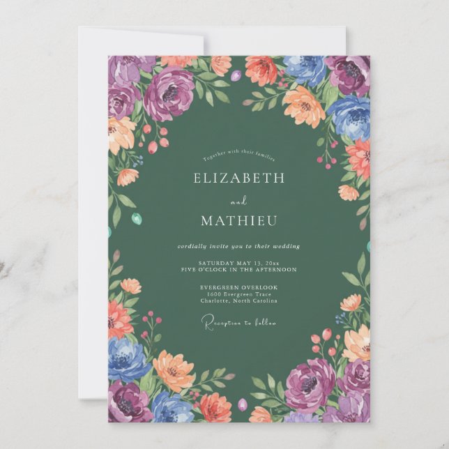 Convites Casamento Floral Multicolorido Deep Sage (Frente)