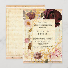 Convites Casamento Floral Musical Borgonha-Rosa-Esbranquiça