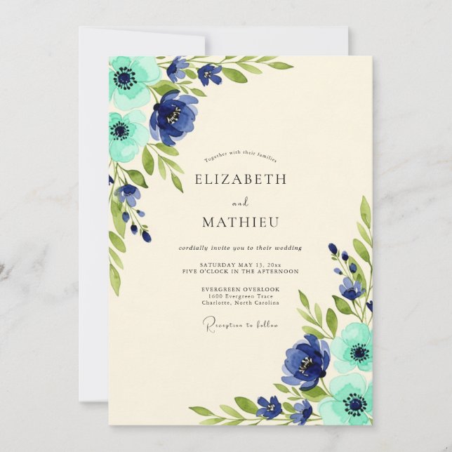Convites Casamento Floral Natureza Azul-Navy (Frente)