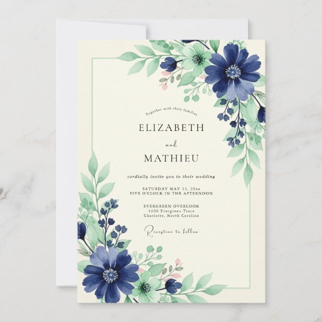 Convites Casamento Floral Natureza Marinha (Frente)