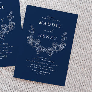 Convites Casamento Floral Naval Arte Minimalista Azul Elega