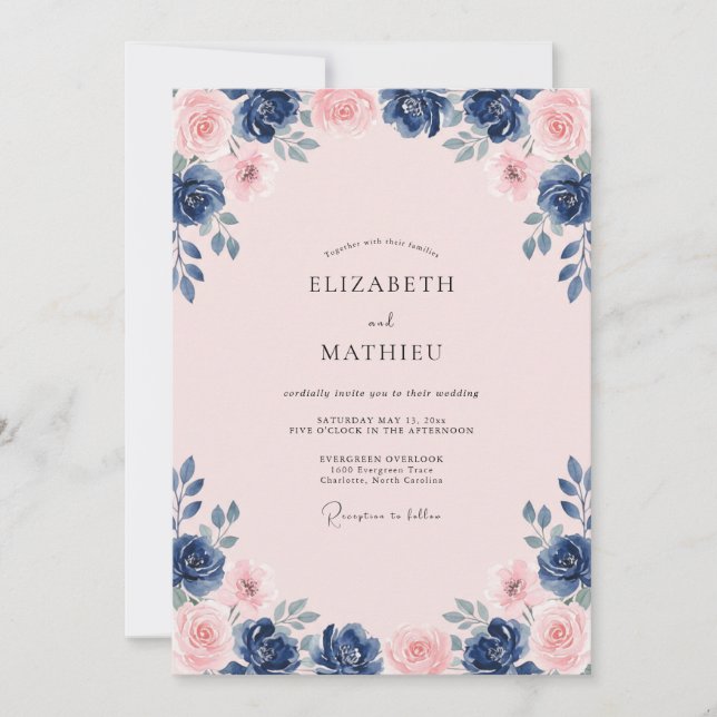 Convites Casamento Floral Naval Cor-de-Rosa Polido (Frente)