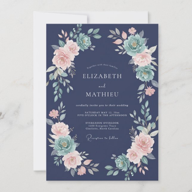 Convites Casamento Floral Navy Lush (Frente)