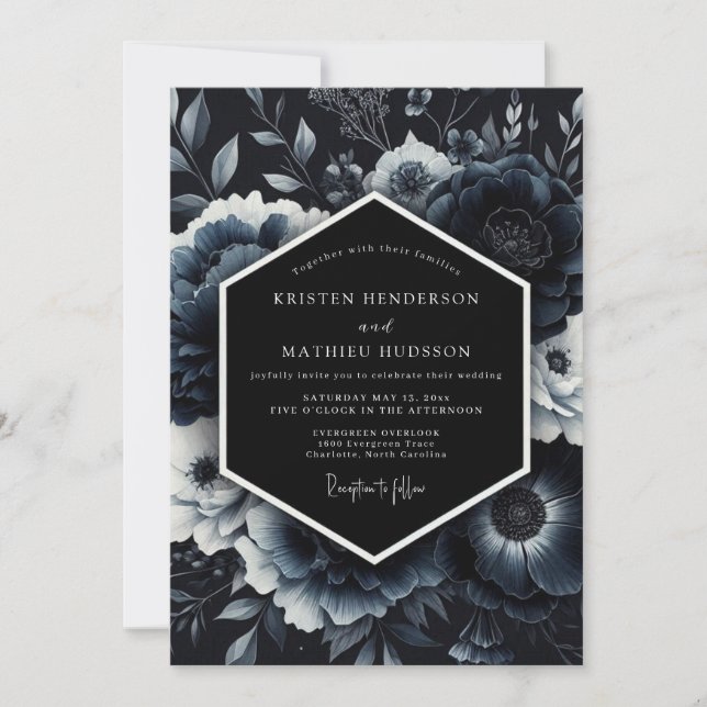 Convites Casamento Floral Navy Moody (Frente)