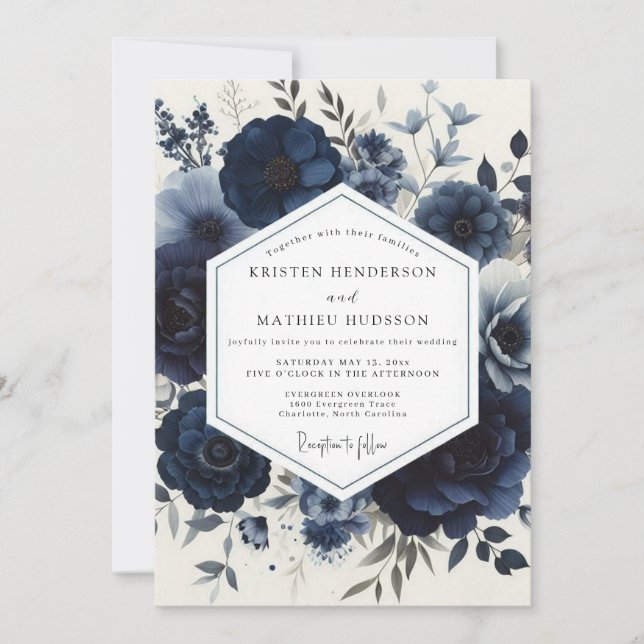 Convites Casamento Floral Navy Moody (Frente)
