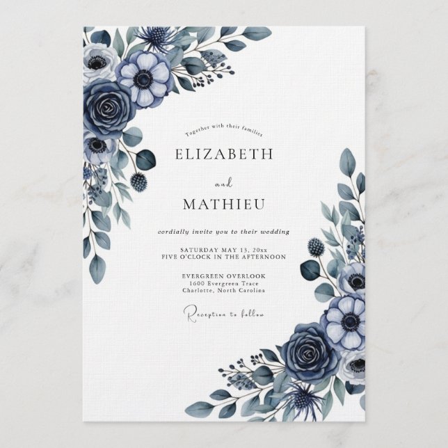 Convites Casamento Floral Navy Moody (Frente)