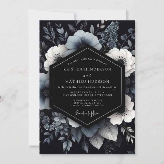 Convites Casamento Floral Navy Moody Bloom (Frente)
