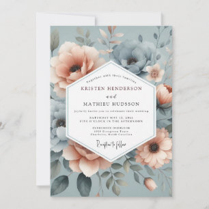 Convites Casamento Floral Nebuloso Azul Ardósia