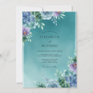 Convites Casamento Floral Nebuloso em Verde-água