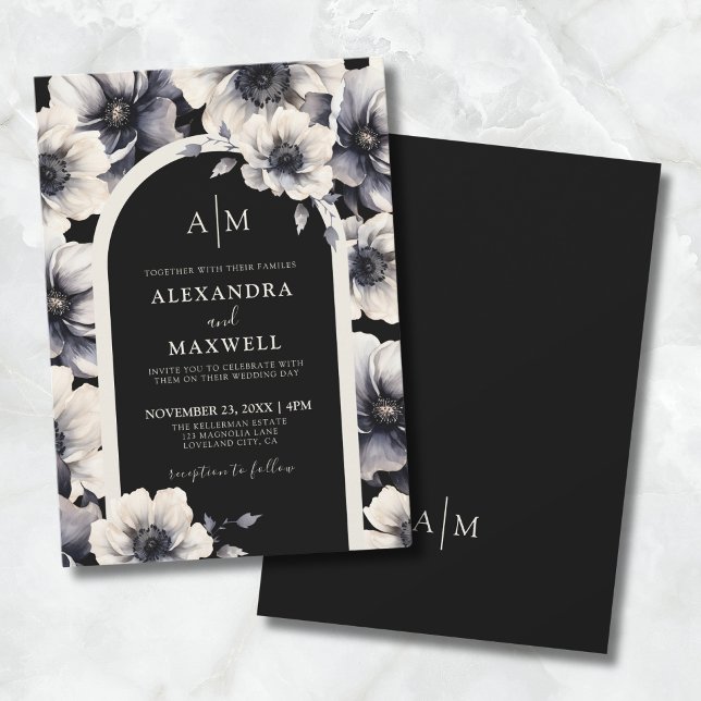 Convites Casamento Floral Negro Branco Elegante (Elegant Modern White Black Floral Wedding Invitation)