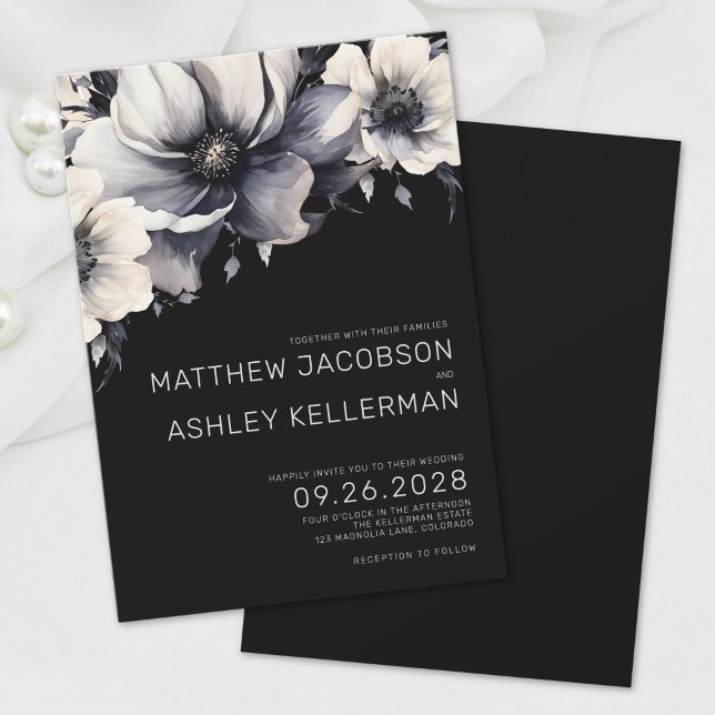 Convites Casamento Floral Negro Branco Elegante (Simple Modern Boho Floral Black White Wedding Invitation)