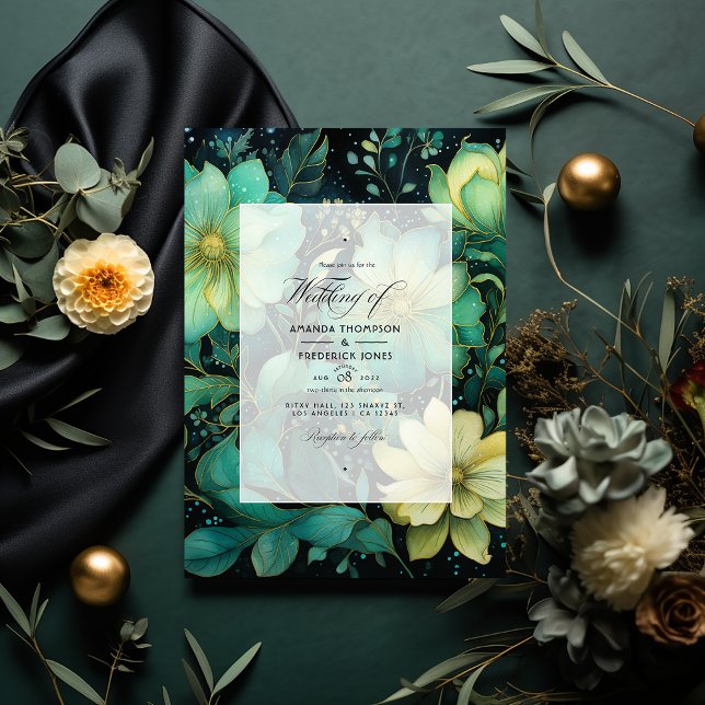 Convites Casamento Floral Negro, Dourado e Esmeralda (Criador carregado)