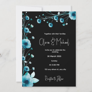 Convites Casamento Floral Negro e Azul Moderno