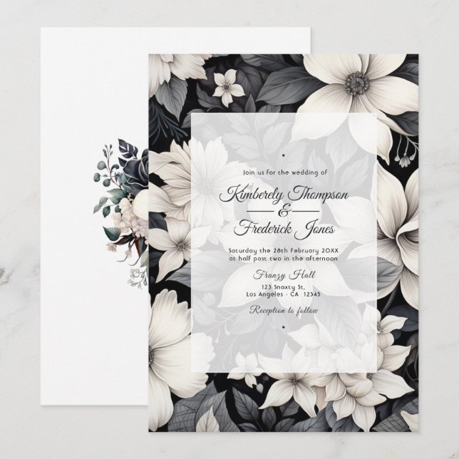 Convites Casamento Floral Negro e Branco (Frente/Verso)