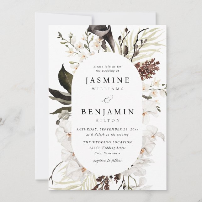 Convites Casamento Floral Negro e Branco (Frente)