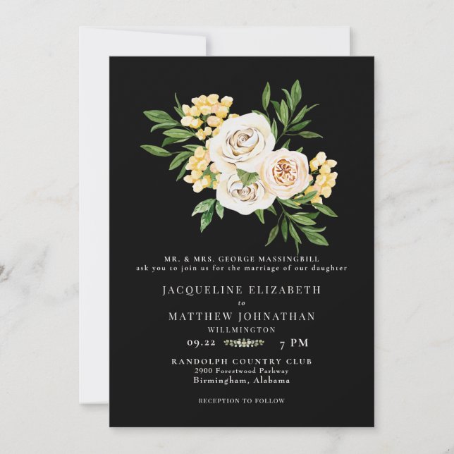 Convites Casamento Floral Negro e Creme (Frente)