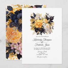Convites Casamento Floral Negro e Dourado