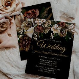 Convites Casamento Floral Negro e Magnolia Dourada