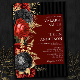 Convites Casamento Floral Negro e Vermelho Gótico