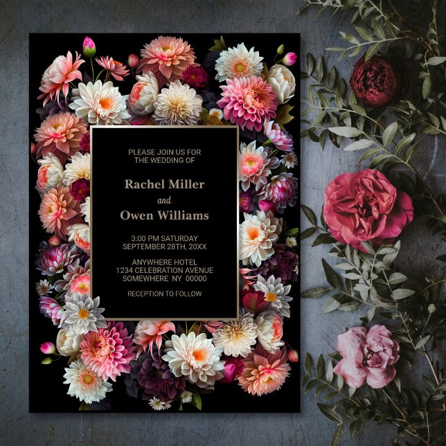 Convites Casamento Floral Negro Elegante (Criador carregado)