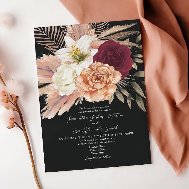 Convites Casamento Floral Negro Rustic Burgundy (Criador carregado)